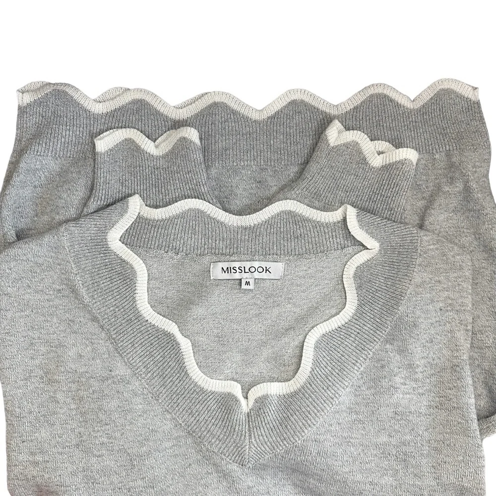 Knitted Wool Gray White Scalloped Neckline Pullover Sweater Misslook Medium - Picture 7 of 14